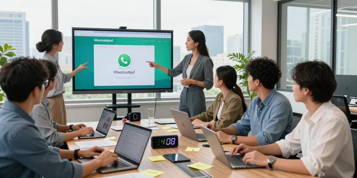 Team collaborating on WhatsApp網頁版 in a dynamic office setting with tech tools.