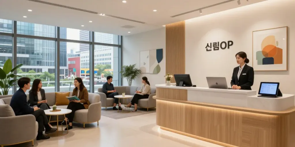 서울 신림OP 서비스를 제공하는 세련된 현대식 사무실 내부 모습
