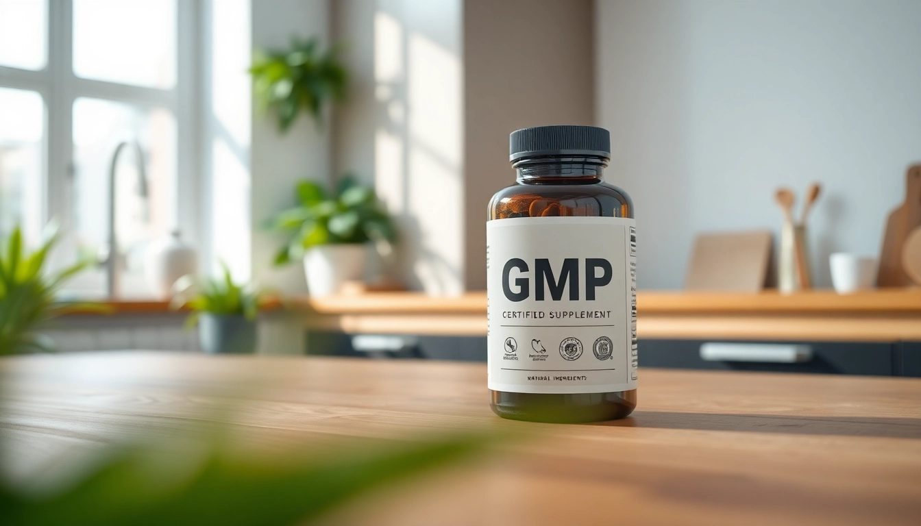 Showcasing a GMP certified supplement bottle on a stylish wooden table in a minimalist setting.