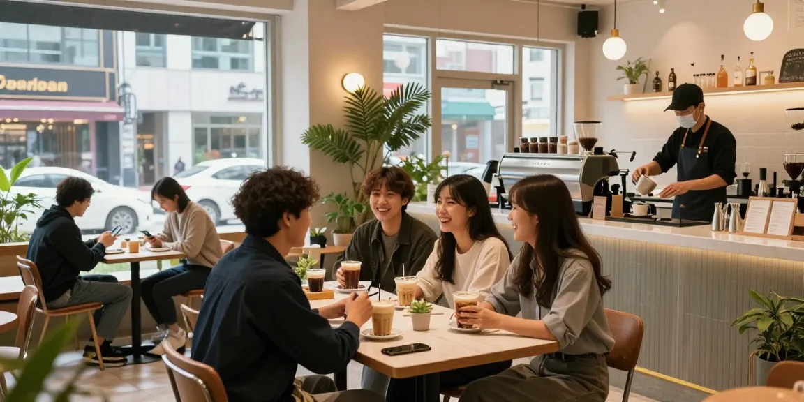 강남 멀리건에서 친구들과 즐거운 시간을 보내는 모습, 세련된 카페 분위기.