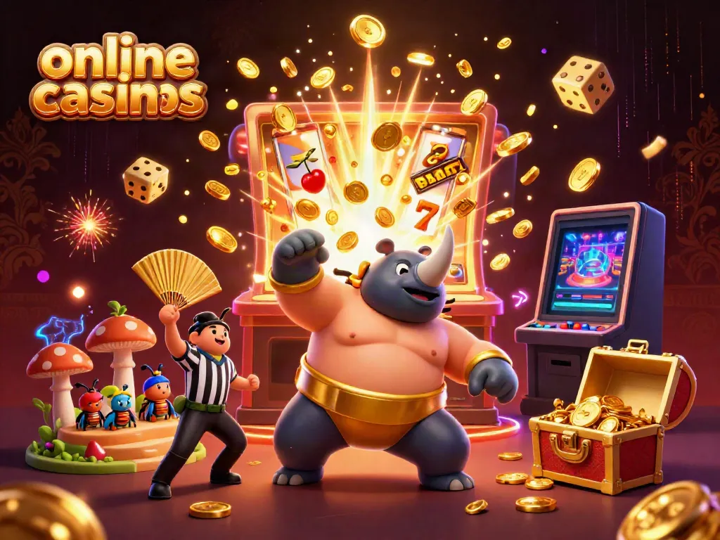 Experience vibrant action with an ultra-detailed scene showcasing online casinos featuring a sumo beetle, coins, and slot machine.