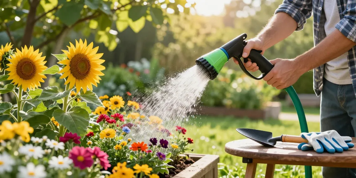 Gardener using the best hose nozzle to water colorful flower beds in a sunny garden.