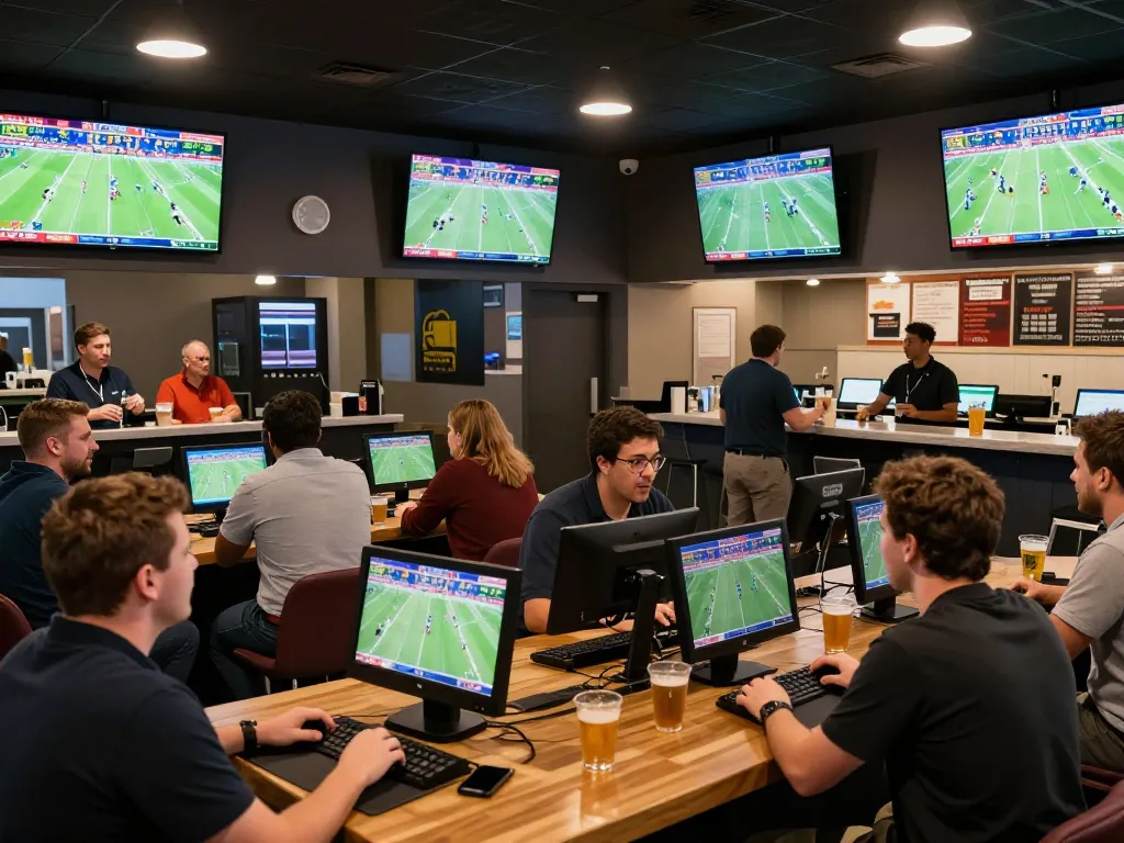 Customers actively placing bets at keonhacaii88 sports betting lounge, with vibrant screens showing live football odds.