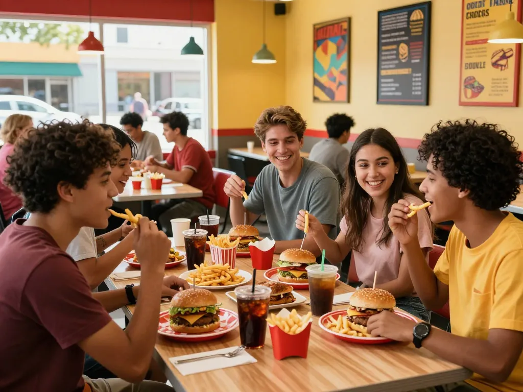 Friends enjoying a fast food menu meal together in a lively restaurant setting.