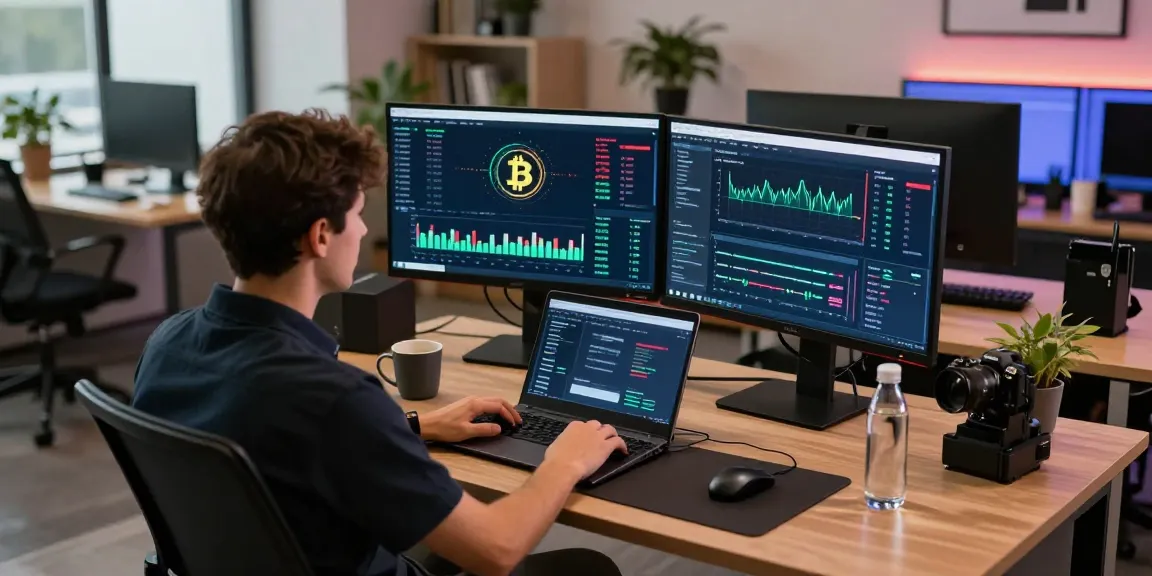 Dynamic workspace focused on a bitcoin mining website with cryptocurrency analytics, digital wallet, and advanced tech decor.