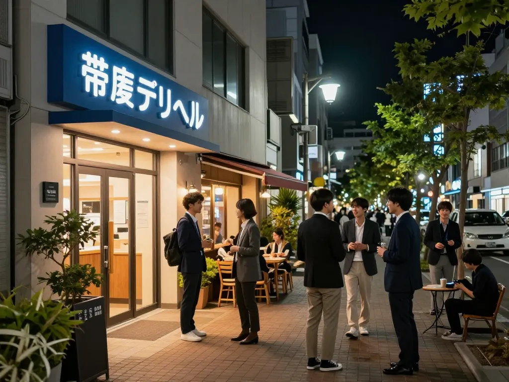 活気ある雰囲気を楽しむ多様な若者たちを特集した帯広デリヘルのエキサイティングな都市ナイトライフシーン。