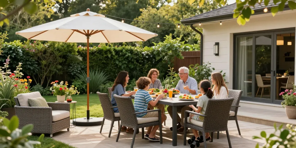 Patio furniture clearance sale featuring stylish outdoor dining setup with Camden Club Chairs and vibrant decor.