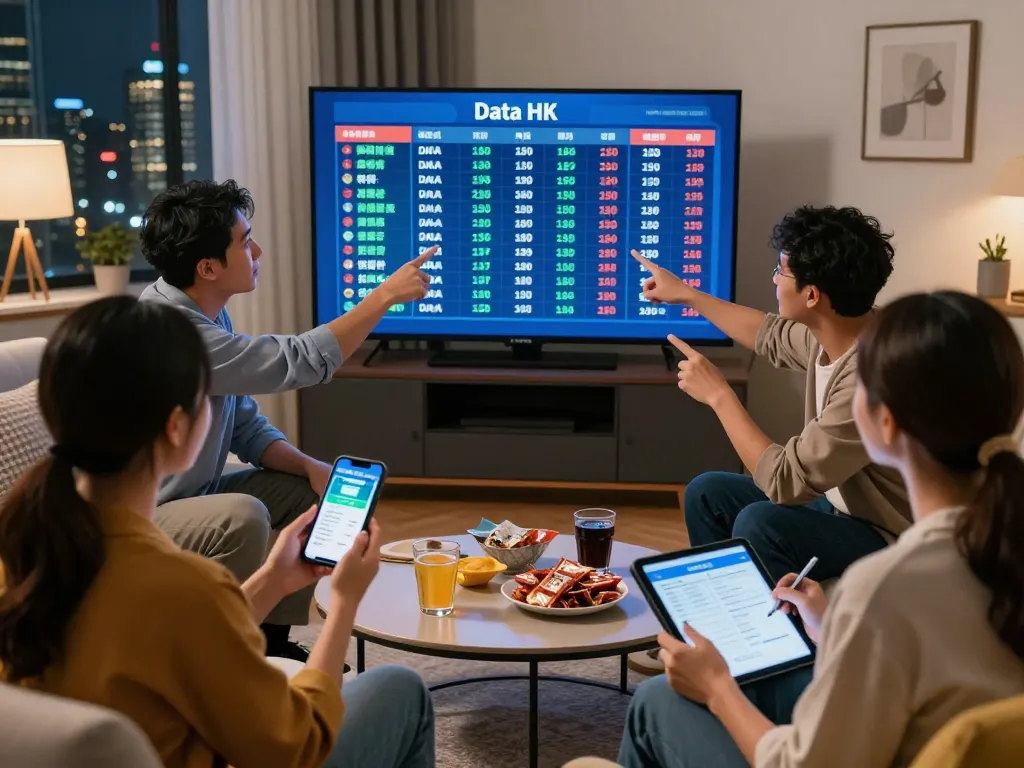 A lively gathering watching Data HK results live, showcasing excitement and engagement in a modern urban setting.