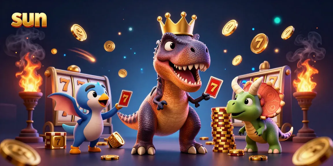 Experience sun-inspired slot games with a T-Rex, pterodactyl, and triceratops in a dynamic casino scene.