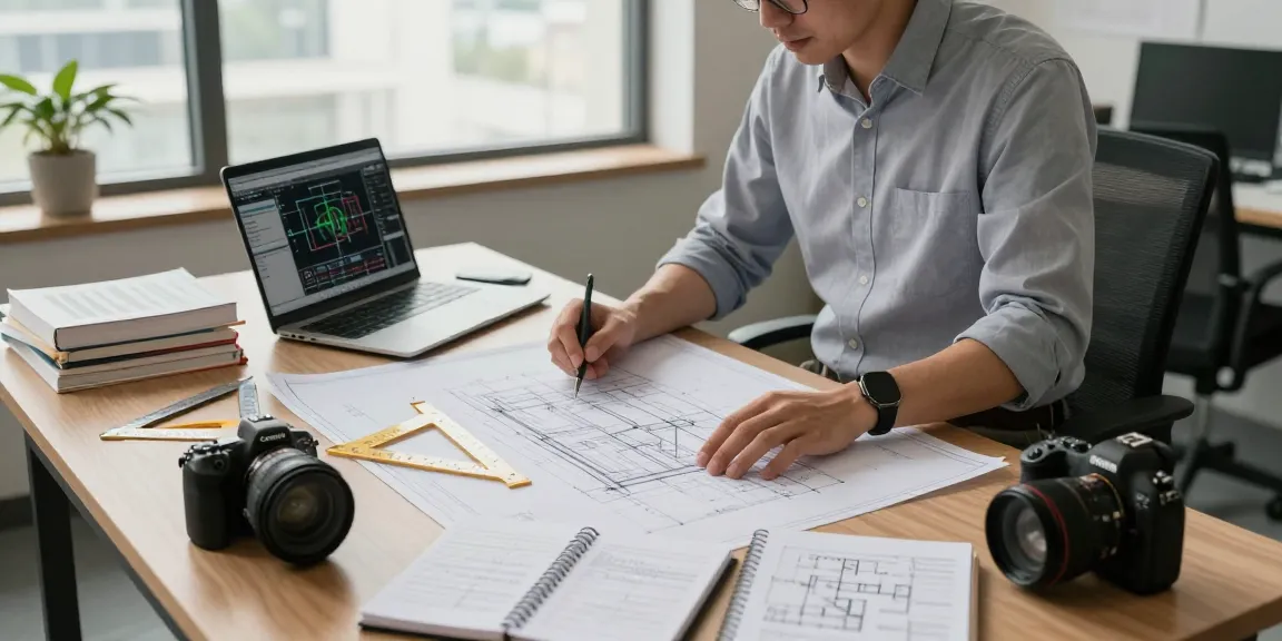 Engineer reviewing blueprints as an engineering expert witness in Missouri with tools and technical notes in a modern office setting.