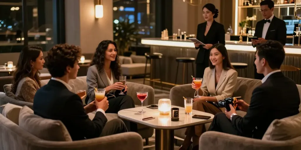 강남 타이밍의 고급스러운 술집 분위기, 고객들과 호스트가 즐겁게 대화하며 다양한 음료를 즐기는 모습