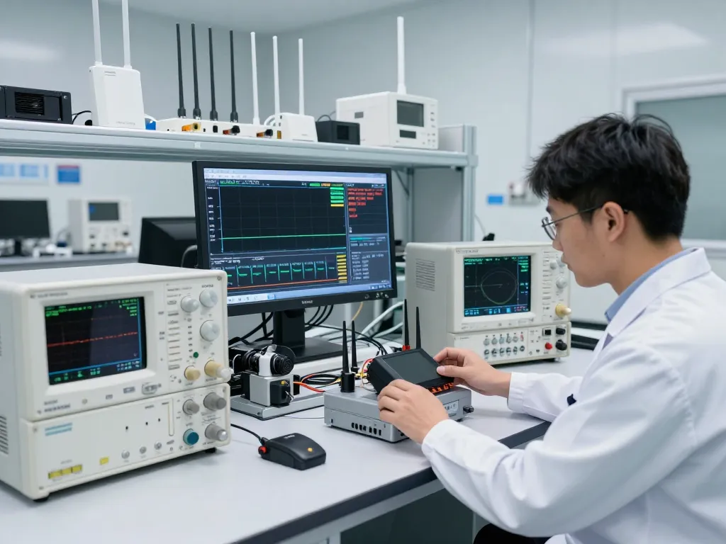 Technician performing RF testing on a wireless device in a high-tech laboratory environment, showcasing advanced testing equipment and technology.