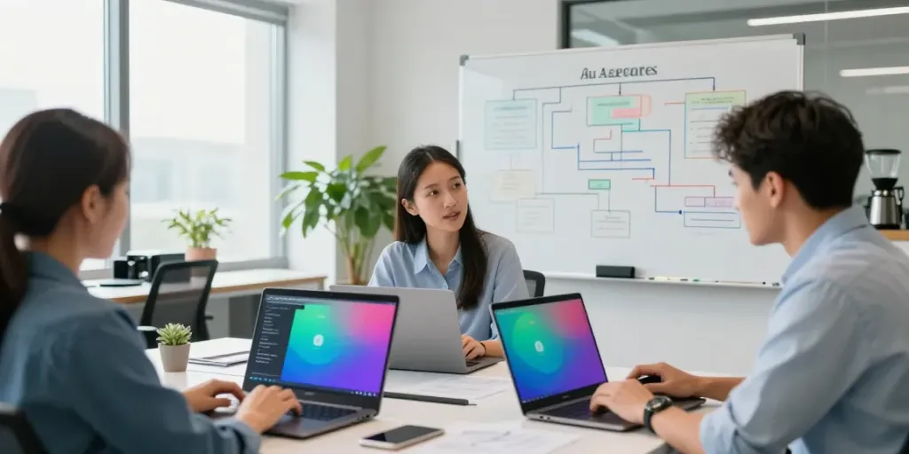 Team of Azure specialists in a modern office, showcasing microsoft azure managed service provider collaboration during a project session.