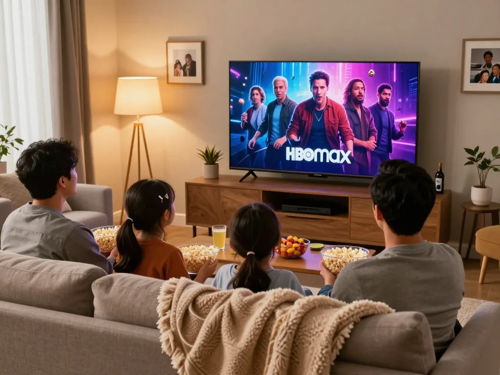 Family movie night enjoying HBO Max Right content in a cozy living room.
