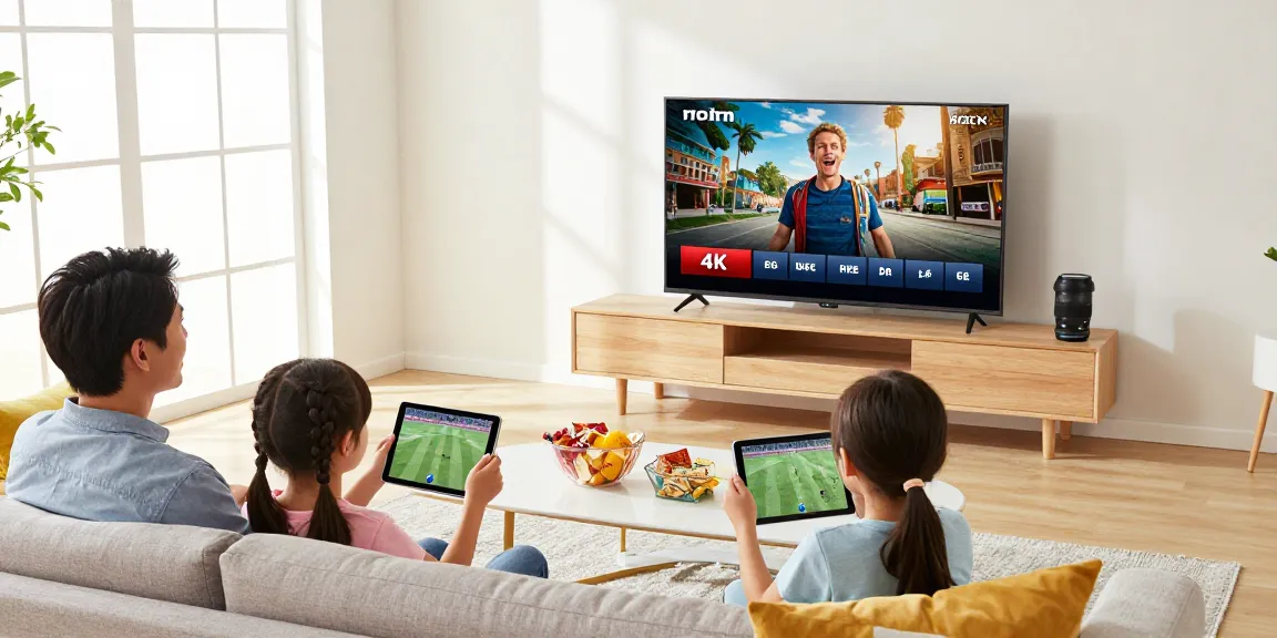 Profitez d'un essai gratuit IPTV pour regarder vos émissions favorites en famille dans un salon accueillant.