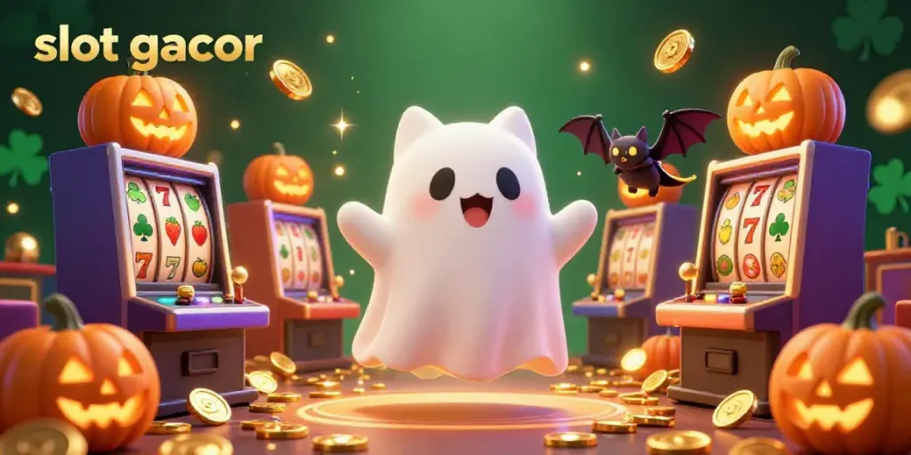 Experience slot gacor adventures with a floating ghost cat and a bat amidst vibrant casino elements.
