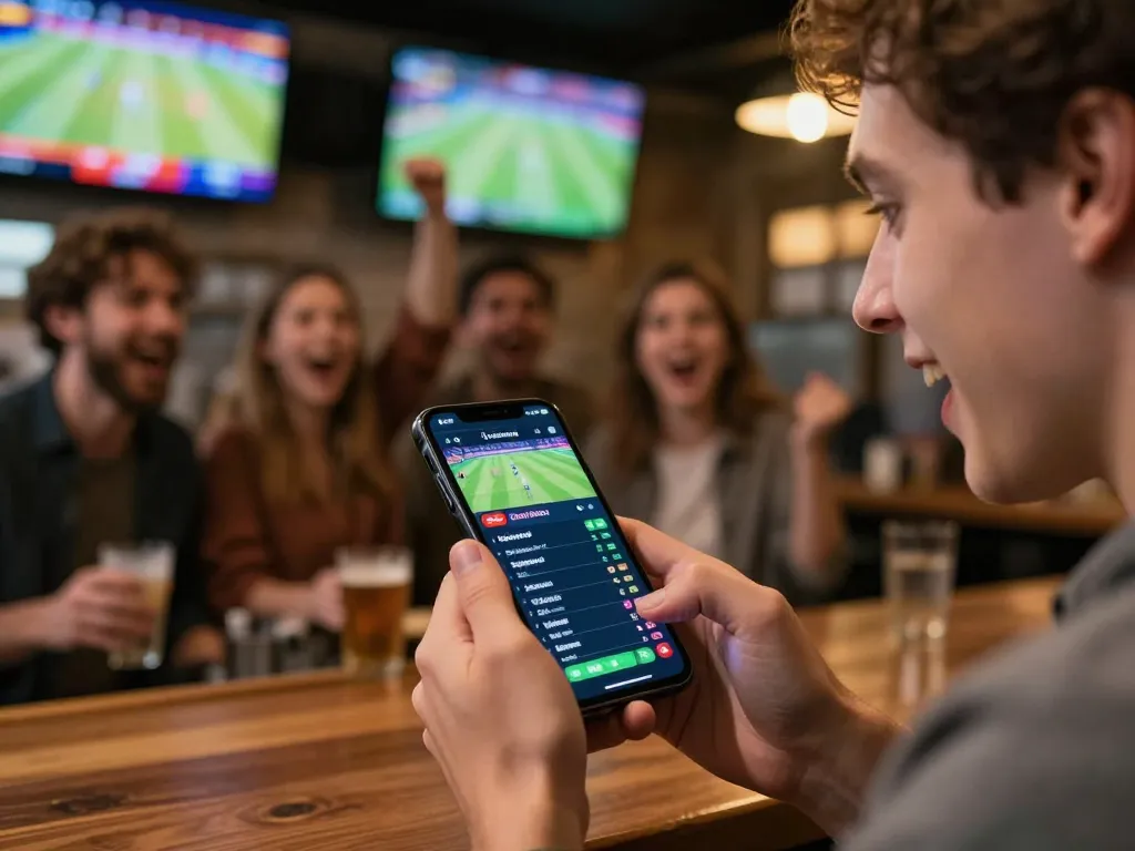 Engaged user on Bongdalu betting app for live sports updates in an energetic setting.