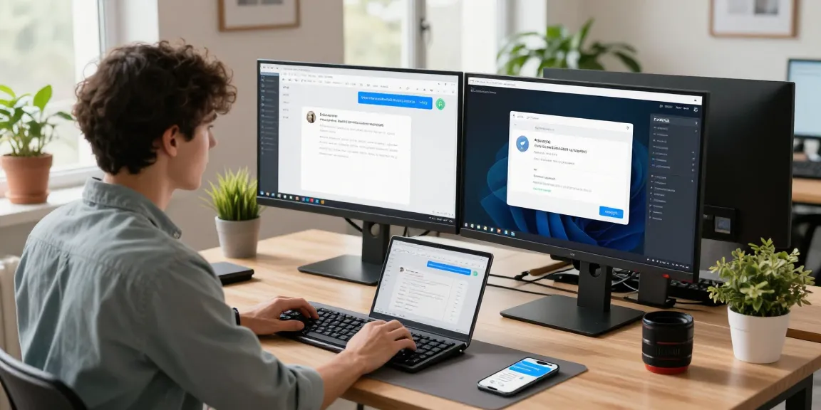 Innovative workspace showcasing a developer using 纸飞机中文版 on dual monitors in a bright office environment.