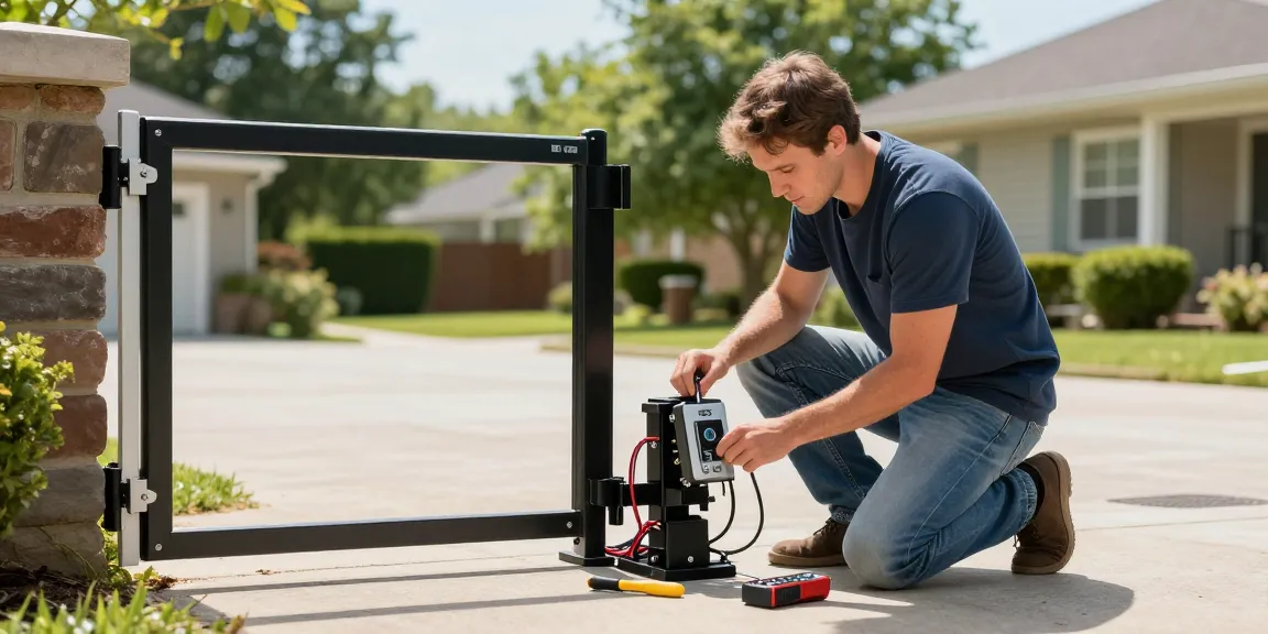 Mighty Mule gate opener troubleshooting with homeowner examining control board and tools in sunny garden.