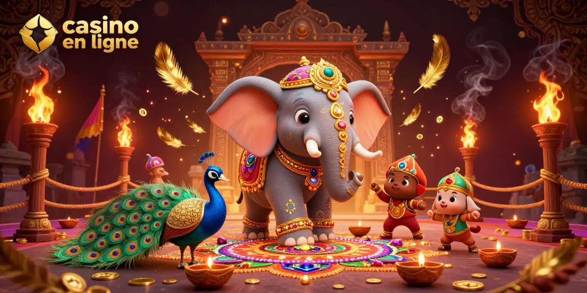 Vibrante illustration 3D d'un éléphant Diwali et son ami paon pour casino en ligne.