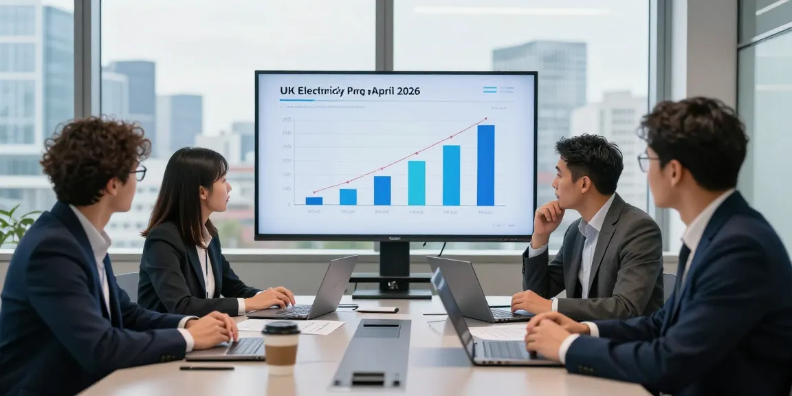 UK electricity price per kWh April 2026 business meeting, showcasing professionals analyzing energy costs.