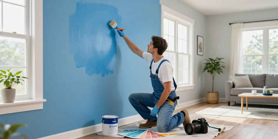 Residential painters Davidson County TN transforming a living room with vibrant blue paint, showcasing skilled craftsmanship and professional tools.