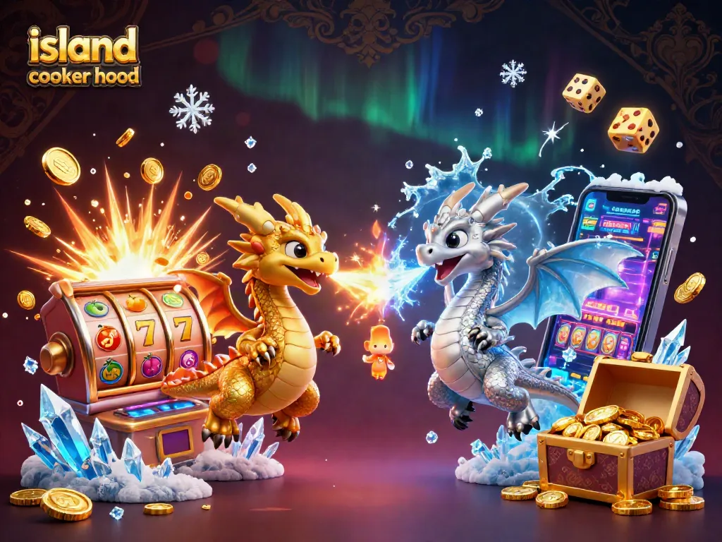 Engage with the island cooker hood design showcasing vivid casino elements and animated dragons.