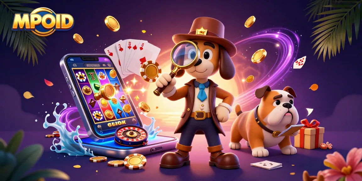 MPOID engages players with a detective exploring treasure through gaming clues in an animated casino scene.