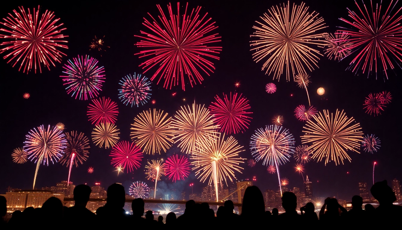 People enjoying colorful fireworks for sale lighting up the night sky during a celebration.