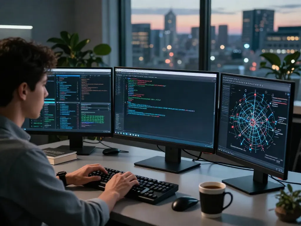 Researcher studying encrypted data on the hidden wiki from a high-tech workstation in a modern office.