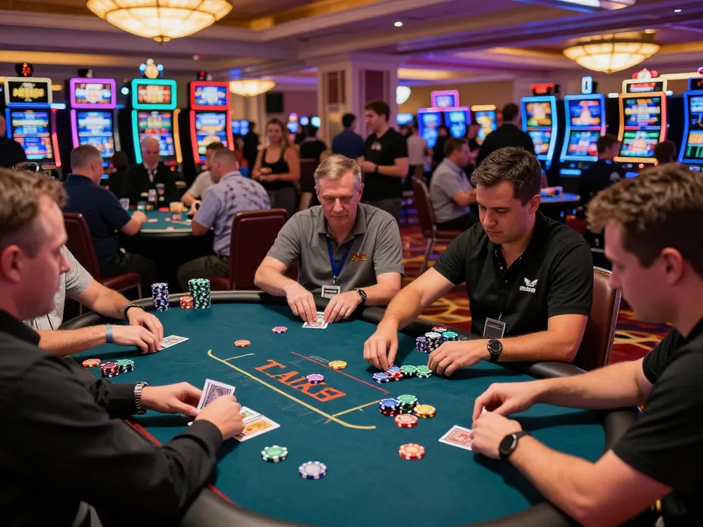 Engaging scene of a Texas Hold'em game at a Las Vegas casino featuring players participating, showcasing LLwin strategy.