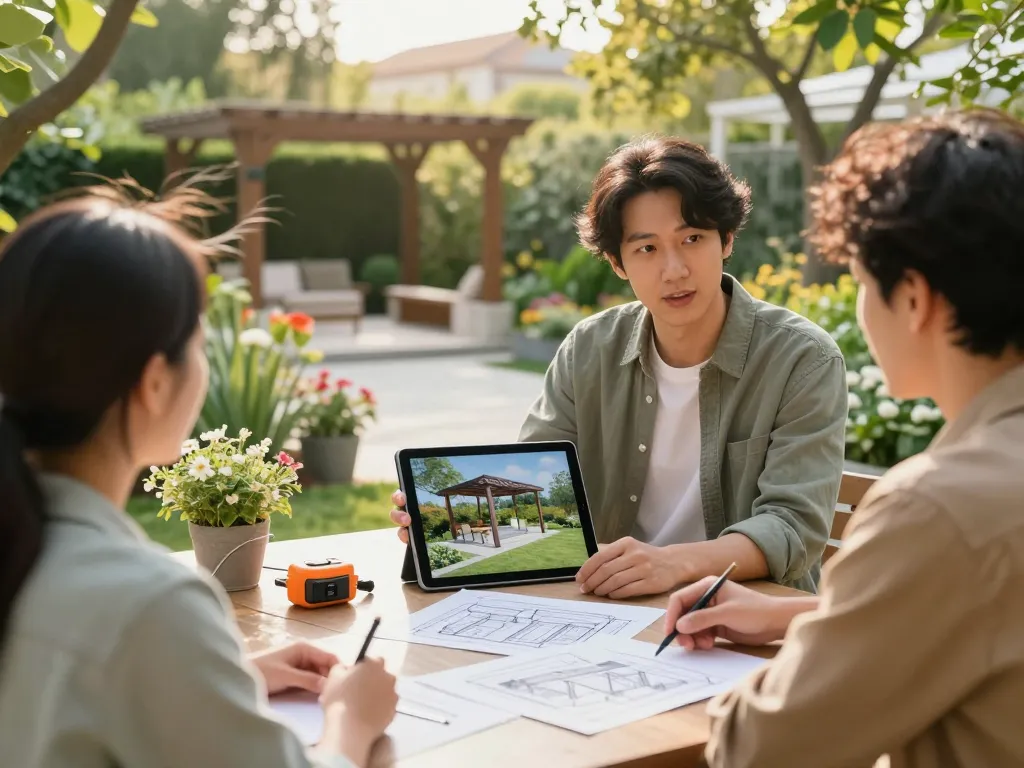 Dynamic scene featuring pergola sales software being demonstrated during a live client consultation in an outdoor garden.