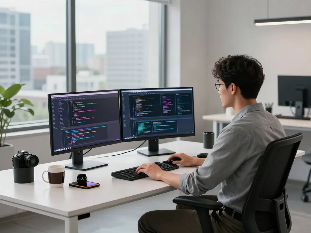 v2rayN官网 software development workspace with vibrant coding displays and a focused programmer in a modern office setting.