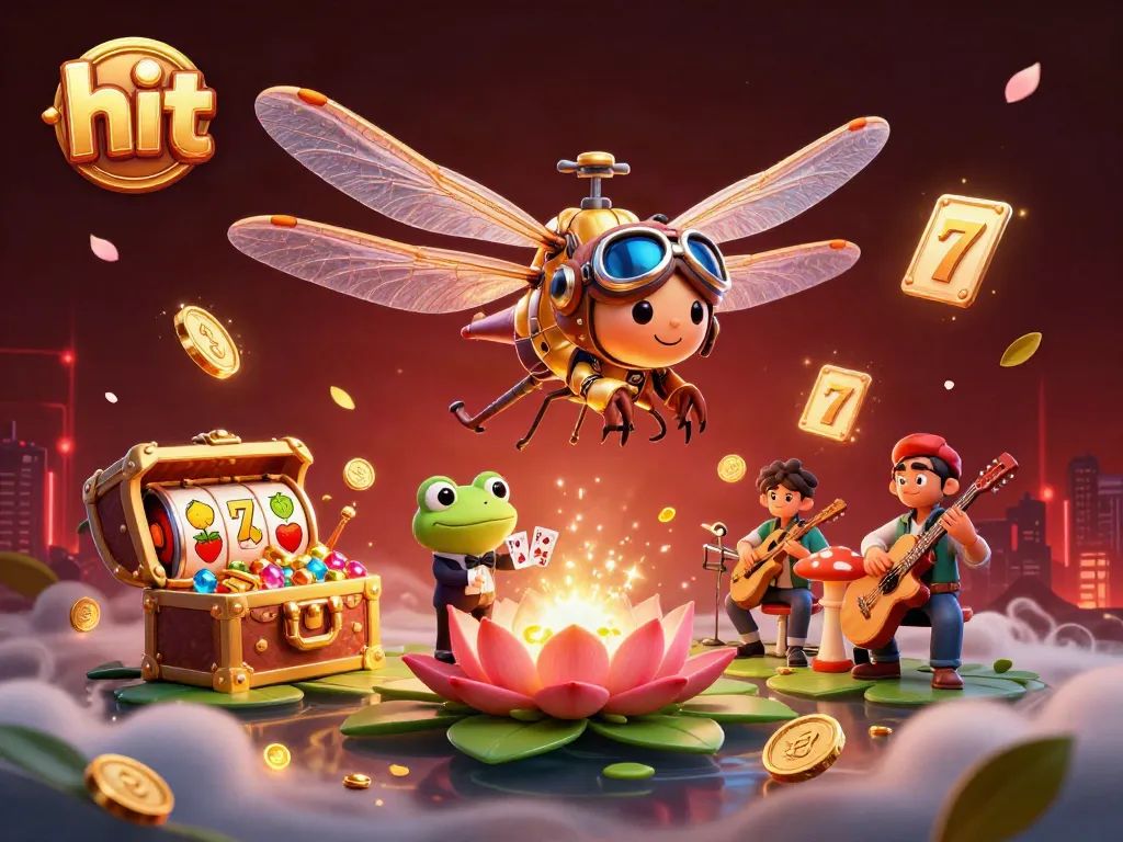 Hit casino scene with a dragonfly pilot, frog croupier, and vibrant slot elements.
