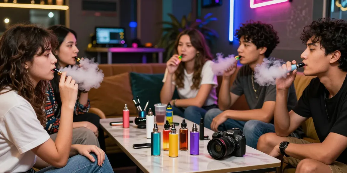 Vibrant 蒸氣天堂 vaping lounge scene with friends enjoying electronic cigarettes and flavored liquids.