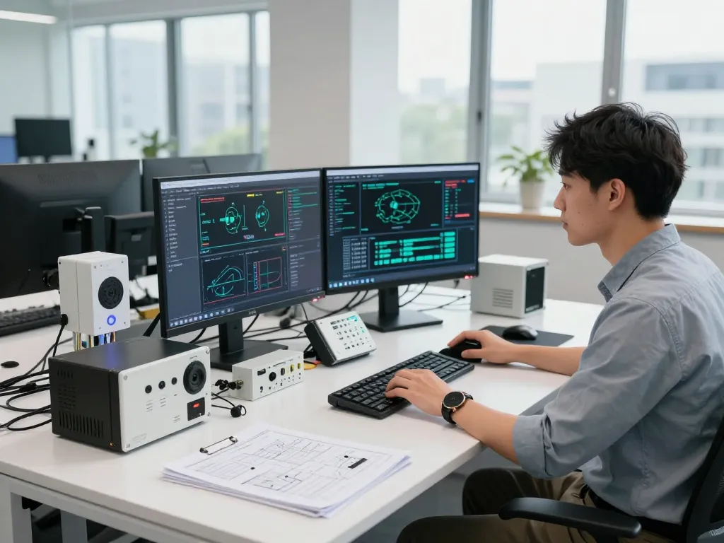 Hải Phòng Tech engineer analyzing automation equipment in modern workspace.