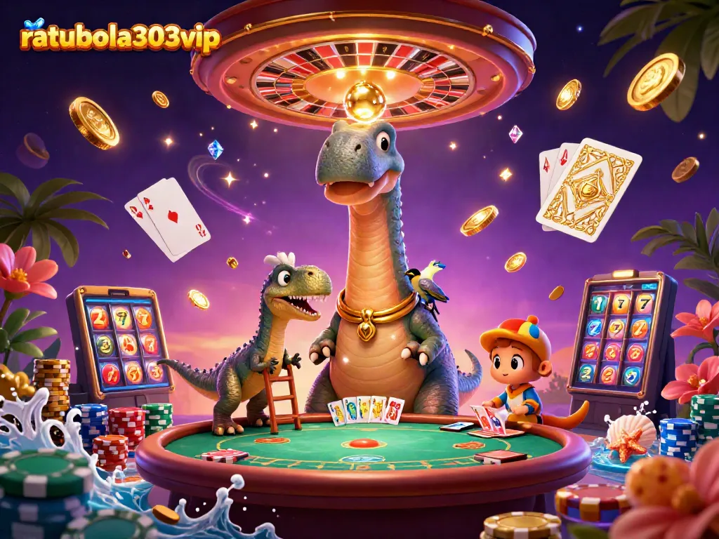 Gambarkan ratubola303vip dengan dinosaur 3D dan kartu poker di kasino yang penuh harta.