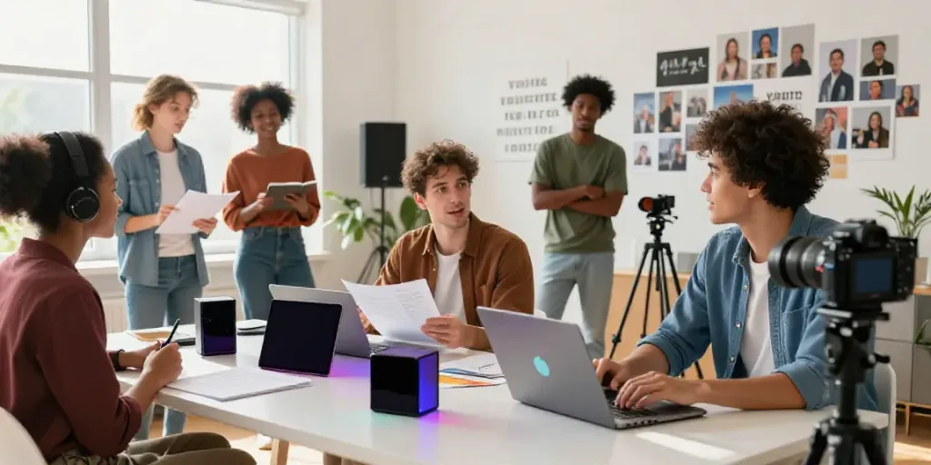 Creators collaborating on AI generated TikTok video scripts in a vibrant home studio.