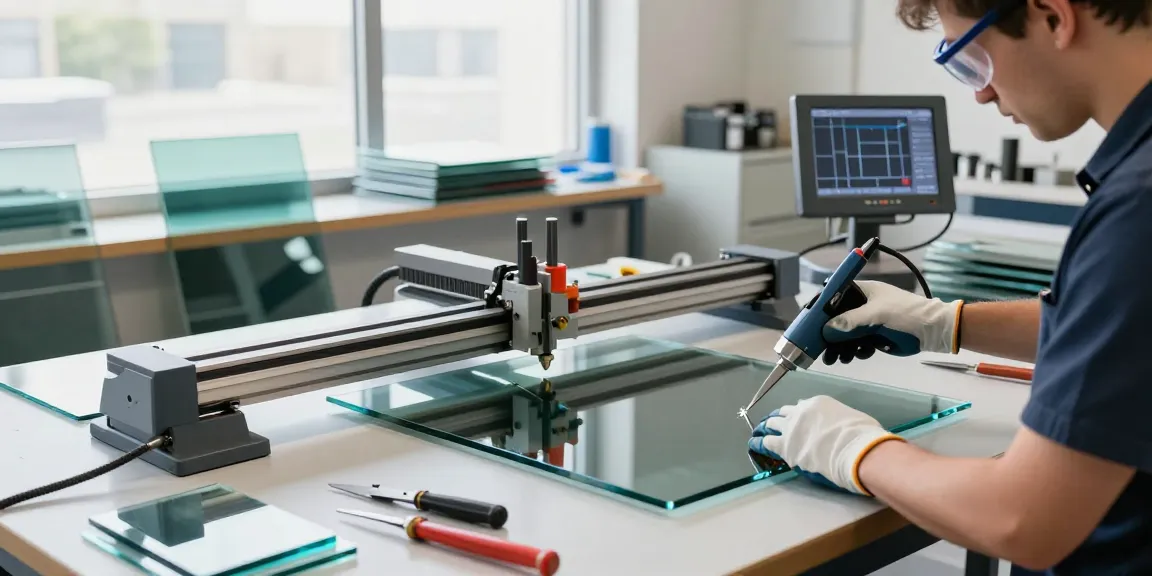 Technician using a glass cutting table to score sheets of glass in a well-lit workshop.