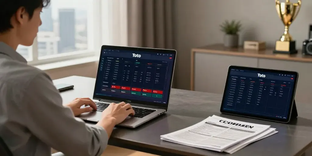 Toto online betting scene featuring a modern home office setup, highlighting engagement with an online gambling platform.