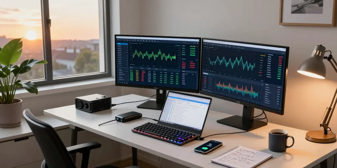Regulated crypto mining platform setup with cryptocurrency dashboards in a modern home office environment.