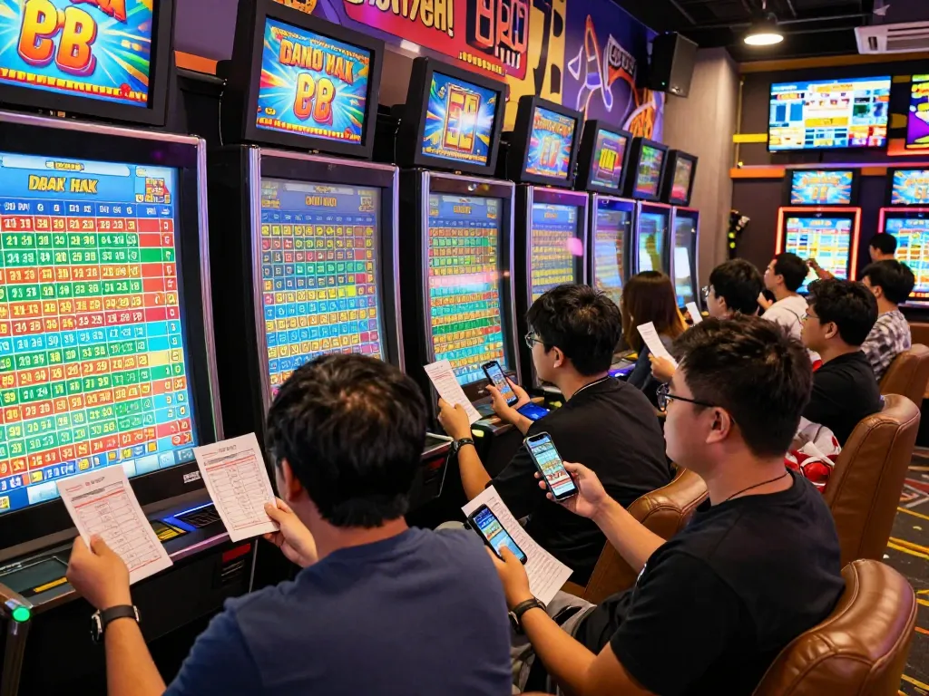 Engaged players reviewing Data HK results in a lively Togel Hongkong gaming lounge.
