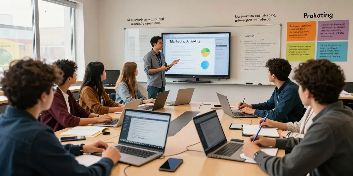 Students learning marketing analytics and targeting course in a vibrant classroom setting with collaborative tools and engaged discussions.
