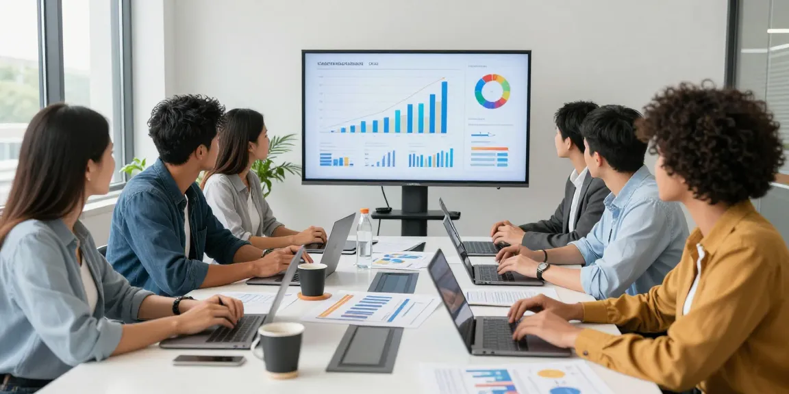 Team collaborating in a modern office, focusing on MBM strategies, discussing insights, and data.