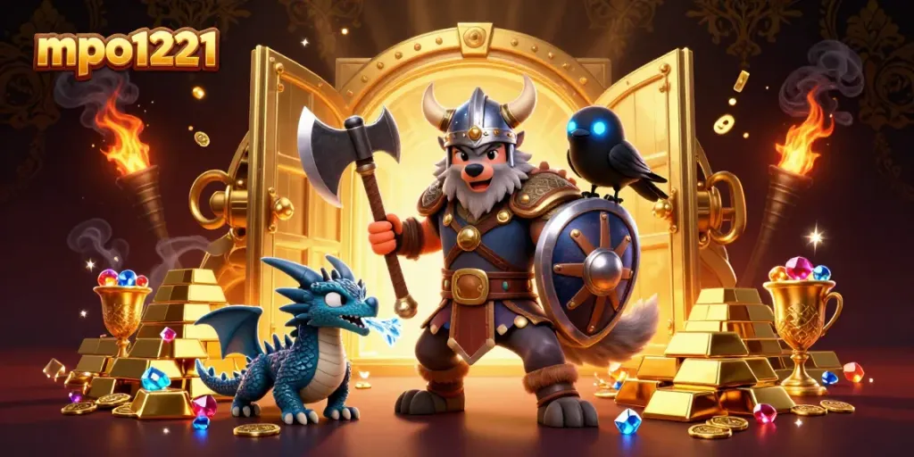 Engage with mpo1221 through thrilling games showcased by a Viking wolf warrior, dragon, and treasures.