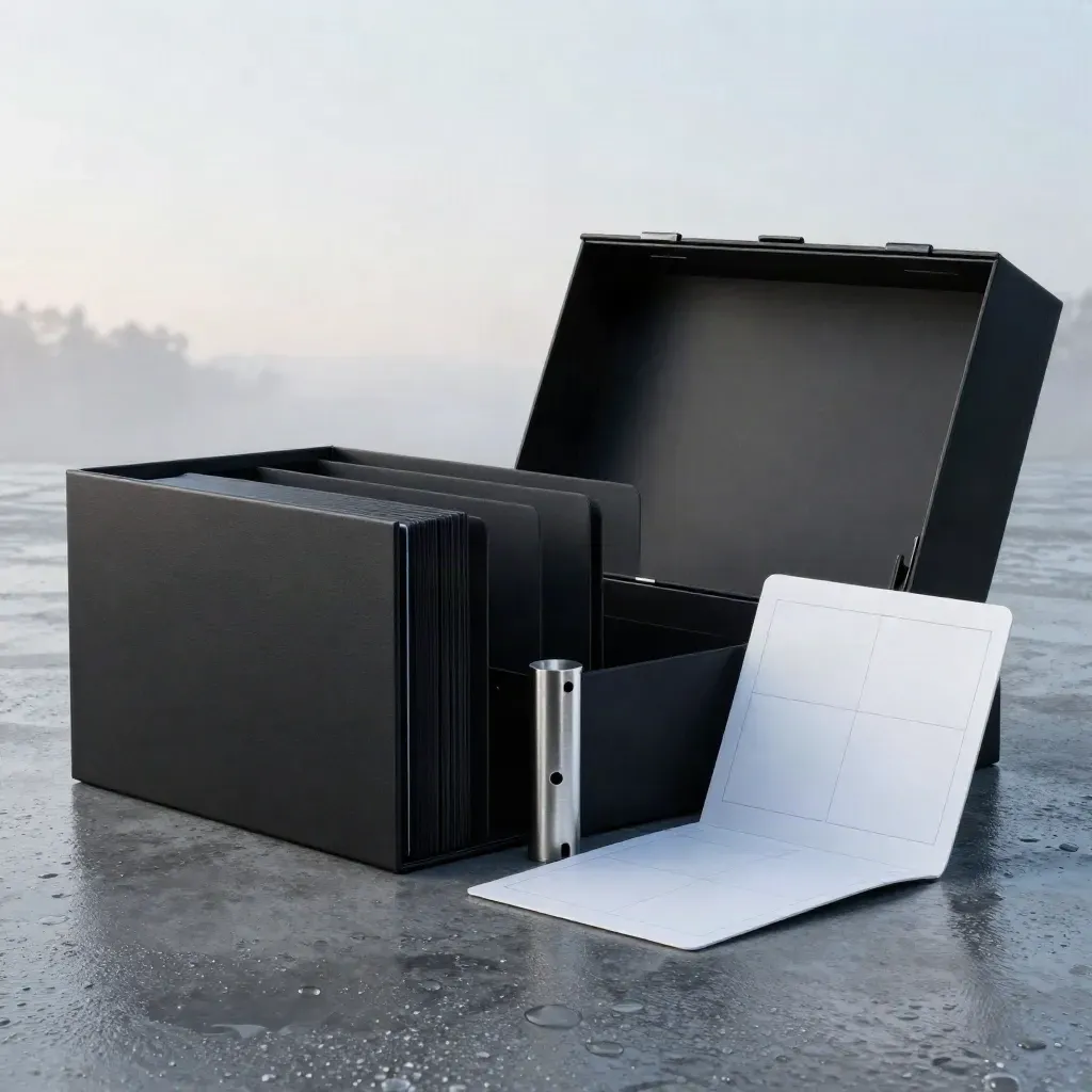 Matte-black launch box with inserts, metal spacer and scorecard on rain-beaded concrete.