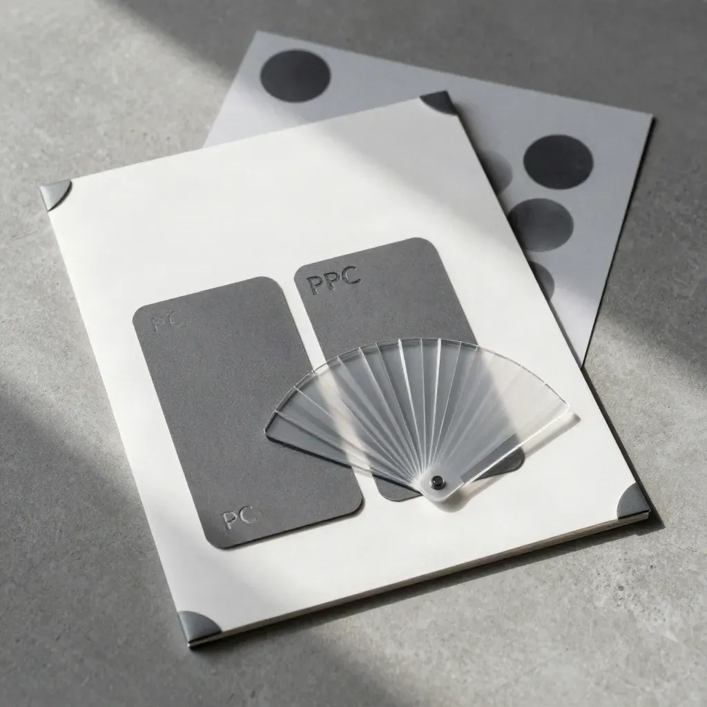 Overhead PPC audit folio with graphite cards and acrylic marker on concrete