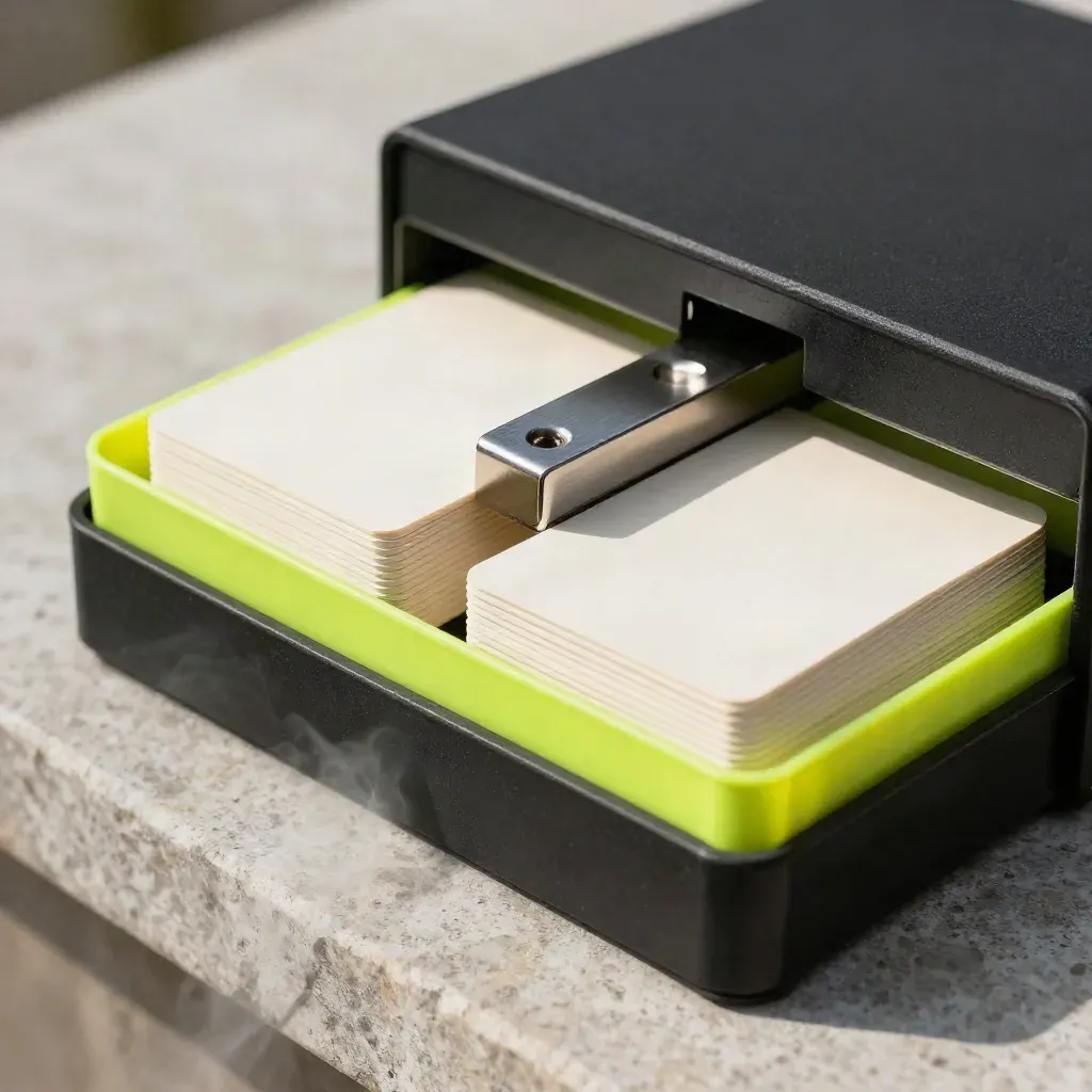 Charcoal campaign crate with kit box and card stacks sliding on stone in dramatic studio light