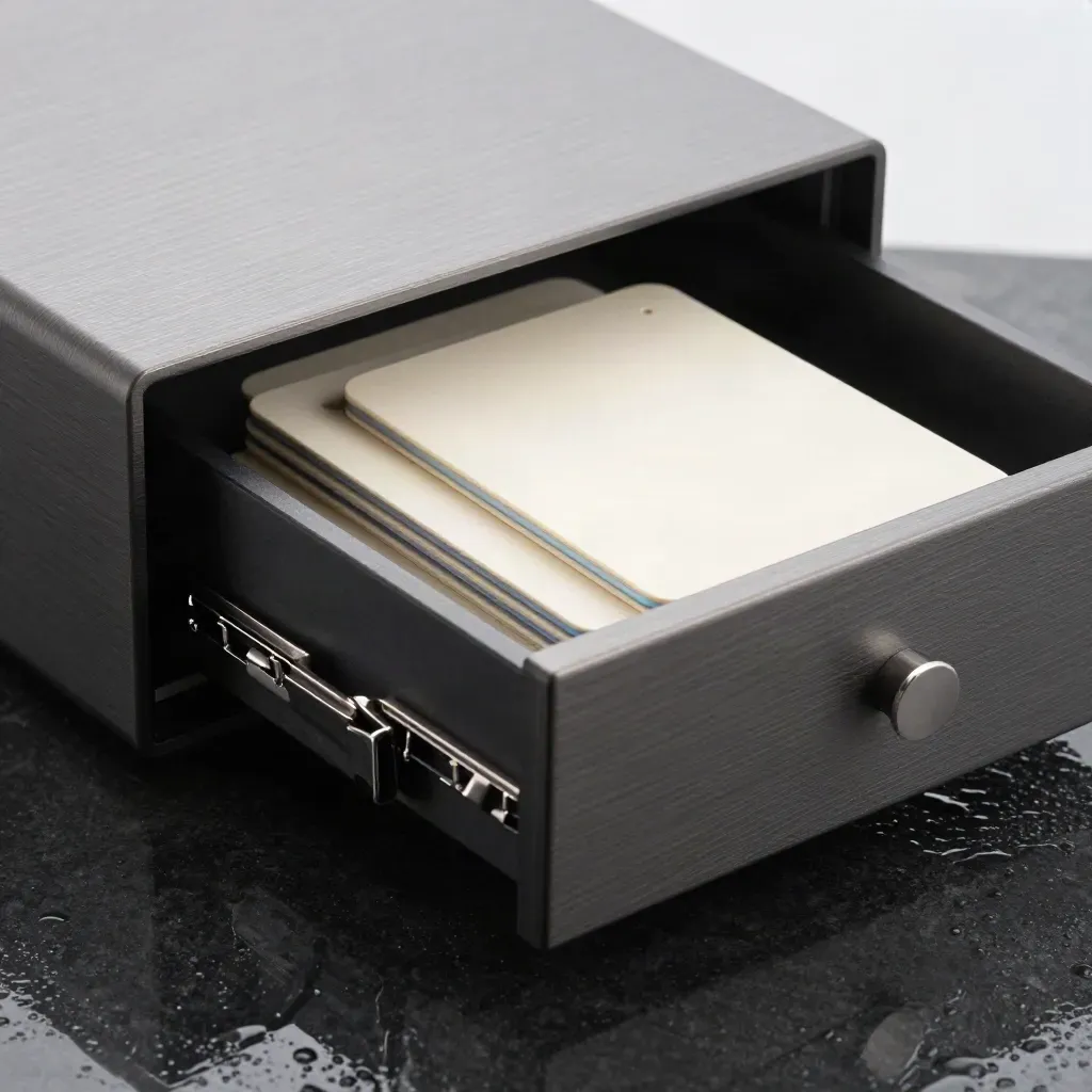 Half-open graphite setup kit on wet black stone with cream cards and blue highlights.