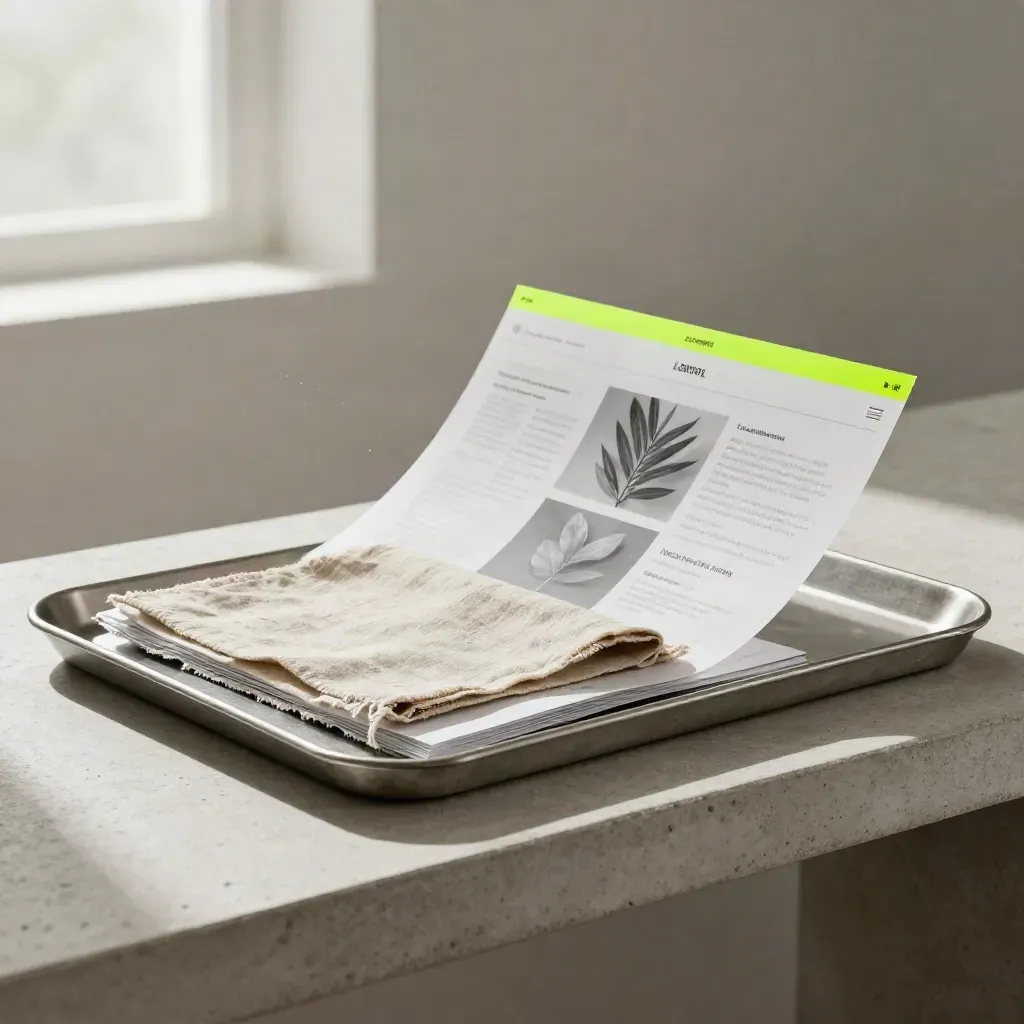Pewter tray with landing page mockup papers, linen swatch, and green tab on concrete.
